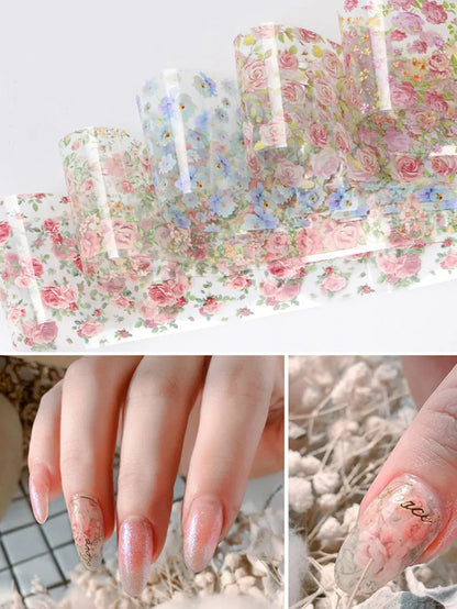 New Flower Nail Foils for Transfer Paper Stickers Floral Adhesive Fruit Nails Wraps Fish DIY Water Marble Nail Art Decorations