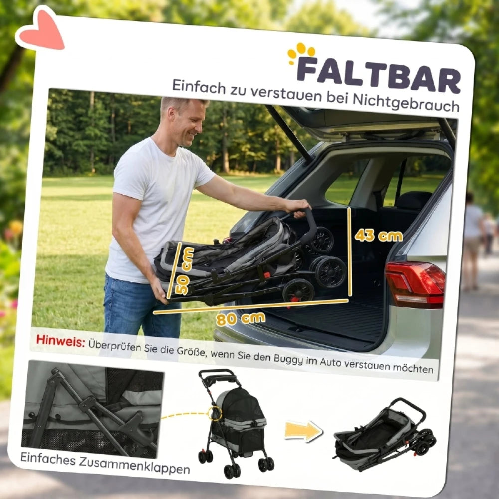 Foldable Pet Stroller for Small Dogs up to 10kg, Lightweight Dog Buggy with Mesh Windows, 360° Swivel Wheels, Brake, Removable Cushion, Cup Holder & Storage, Ideal for Travel, Gray