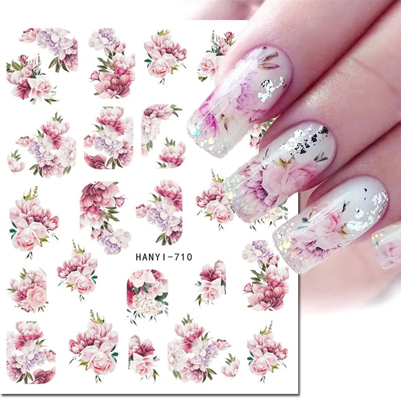 3d Nails Art Decals Spring Fruits Pink Full Tips Peony Magnolia Flowers Adhesive Sliders Stickers Decoration For Nails Manicure