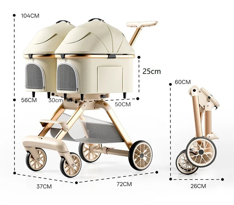 Twin Pet Cart Double Cabin Walking Pet Artifact Cat and Dog Outdoor Small and Medium Lightweight Foldable Double Layer Cart