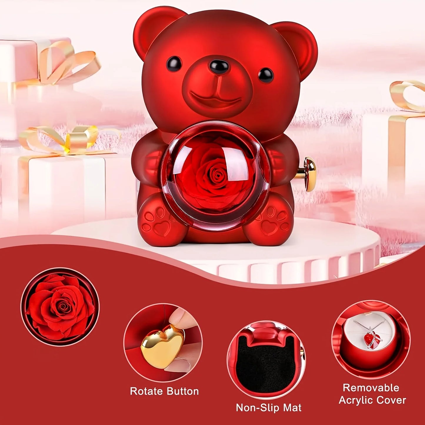 Teddy Bear Rose Gift Box, Jewelry Box with Hidden Space for Ring or Earrings,Jewellery Not Included,for Mother's Day,Anniversary