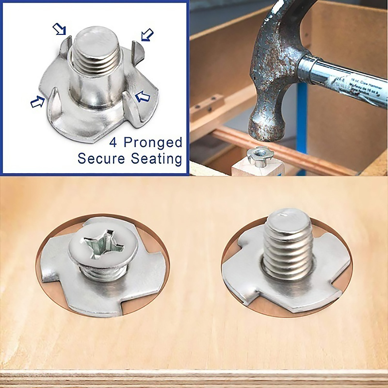 90pcs M3/M4/M5/M6/M8 Woodworking Tools Captive Nuts Four Prong Furniture T Nut Inserts Wood Zinc Plated Carpentry Tool