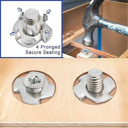 90pcs M3/M4/M5/M6/M8 Woodworking Tools Captive Nuts Four Prong Furniture T Nut Inserts Wood Zinc Plated Carpentry Tool