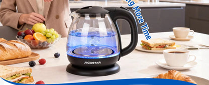 Aigostar Elfin Mini Borosilicate Glass Kettle with LED Lighting, 2200 W, 1 L Capacity, BPA-Free, Fast Boiling, Vacuum Protection