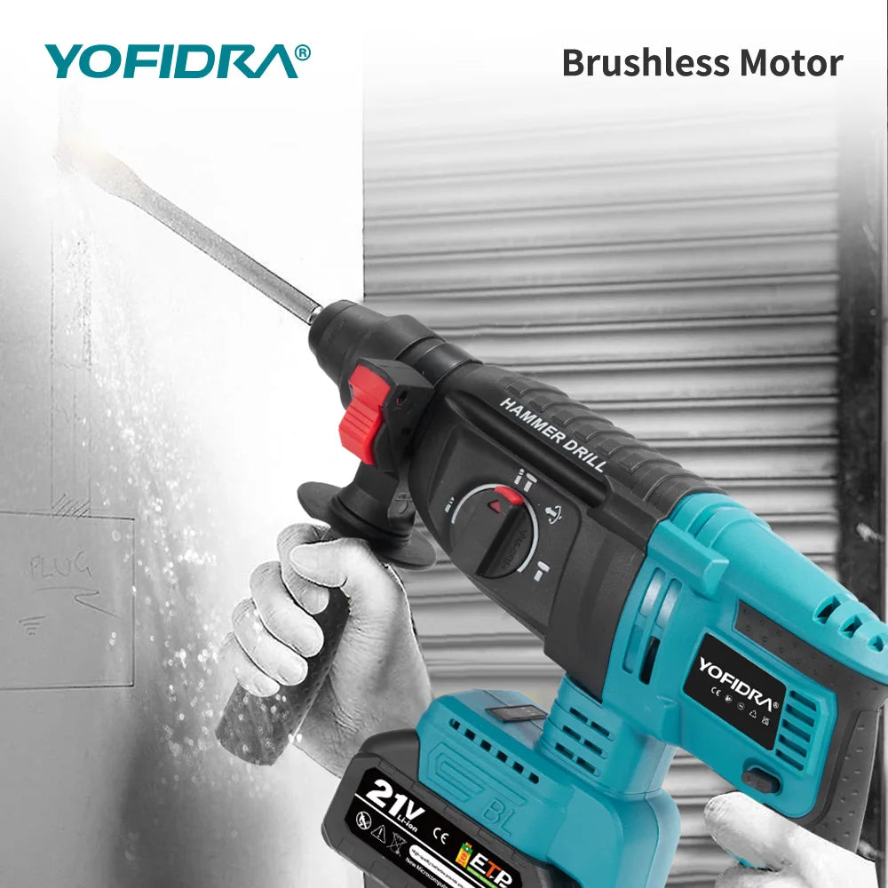 YOFIDRA Brushless Electric Hammer Impact Drill 26MM Cordless Woodworking Impact Drill Power Tools Set For Makita 18V Battery Pin
