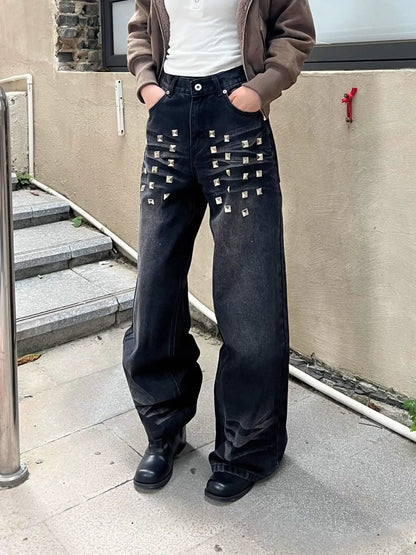 American Retro Washed Rivet Wide Leg Jeans Women Autumn and Winter New Loose Casual Slim Straight Pants