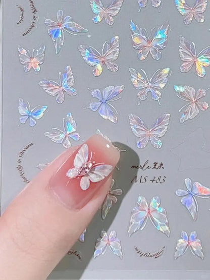 Pink Purple Aurora Shell Butterfly Nail Stickers Shiny Laser 3D Butterflies Nail Decals 8*10cm Adhesive Aurora Shell Butterfly N