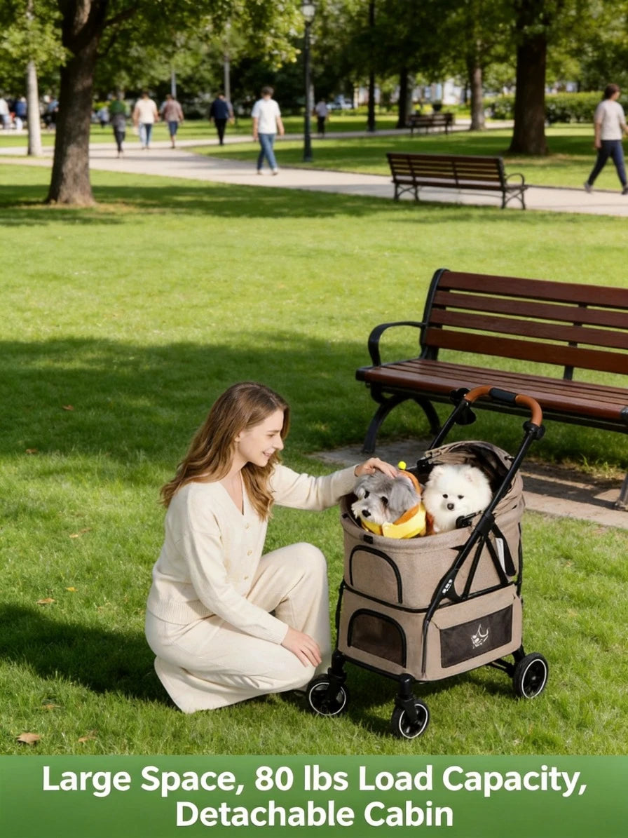 Breathable Large Space Pet Stroller One-Click Foldable Detachable Hand Cart For Dogs Cats Outdoor Travel