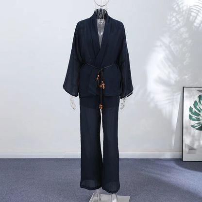 Tie Front Textured Women Set V-Neck Loose Set Wide Sleeve Drawstring Pants Casual Lounge Solid Color 2 Piece Outfits For Daily