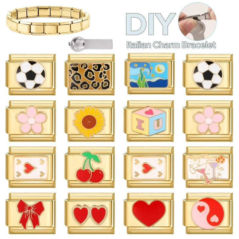 Gold Color Heart Sunflower Cherry Tai Chi Leopard Italian Charm Links Fit 9MM Bracelet Stainless Steel Men Women DIY Making Gift
