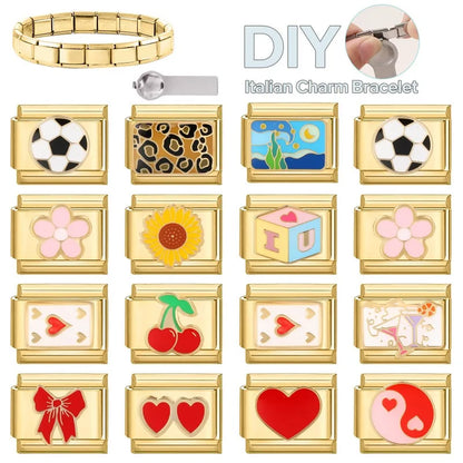 Gold Color Heart Sunflower Cherry Tai Chi Leopard Italian Charm Links Fit 9MM Bracelet Stainless Steel Men Women DIY Making Gift