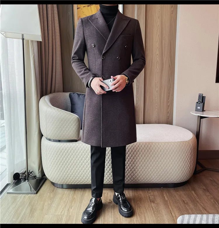 Autumn Winter Vintage Men's Woolen Long Coat Fashion Lapel High Quality Double Breasted Formal Men Slim Fit WindBreaker Overcoat