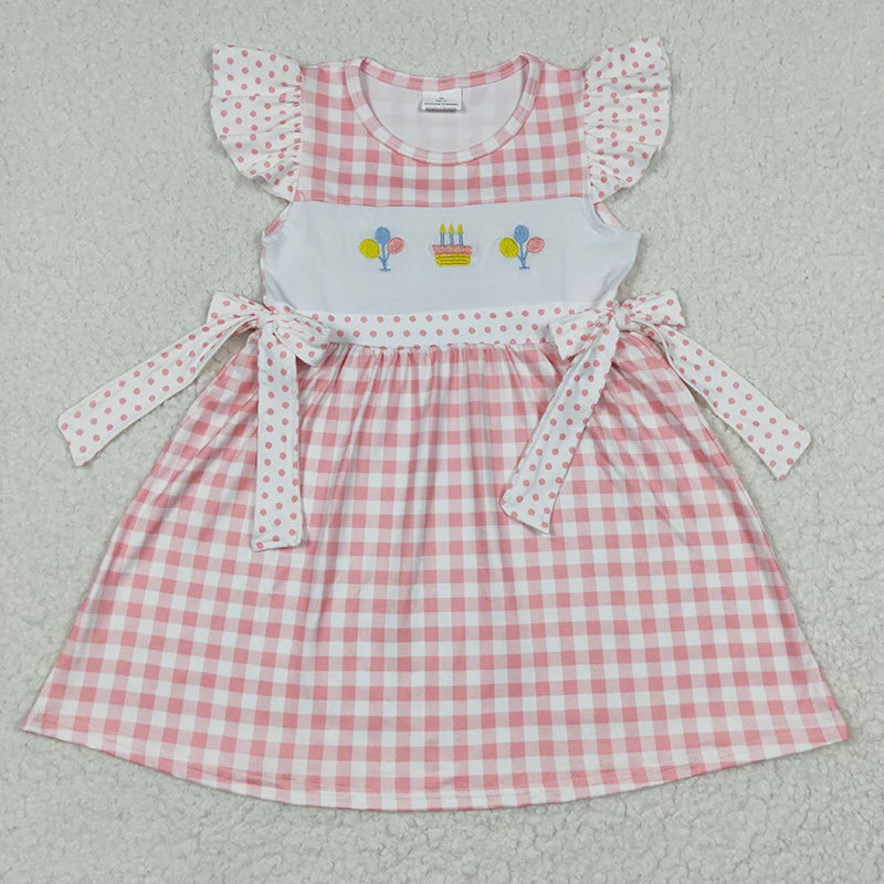 Wholesale Baby Girl Newborn Birthday Balloons Romper Bubble Embroidery Pink Plaid Bows Jumpsuit Kids Toddler Summer Clothes