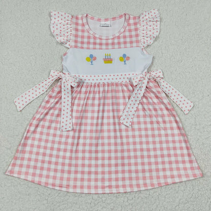 Wholesale Baby Girl Newborn Birthday Balloons Romper Bubble Embroidery Pink Plaid Bows Jumpsuit Kids Toddler Summer Clothes