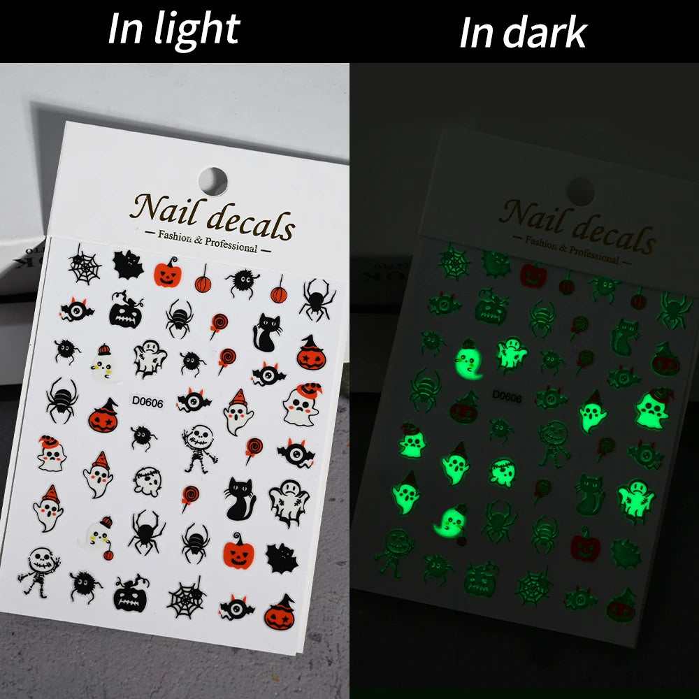 1sheet 5D Halloween Nail Stickers Pink/Green/Black Cartoon Pattern Nail Art Slider DIY For Sweet Cool Girl Cute Nail Decoration