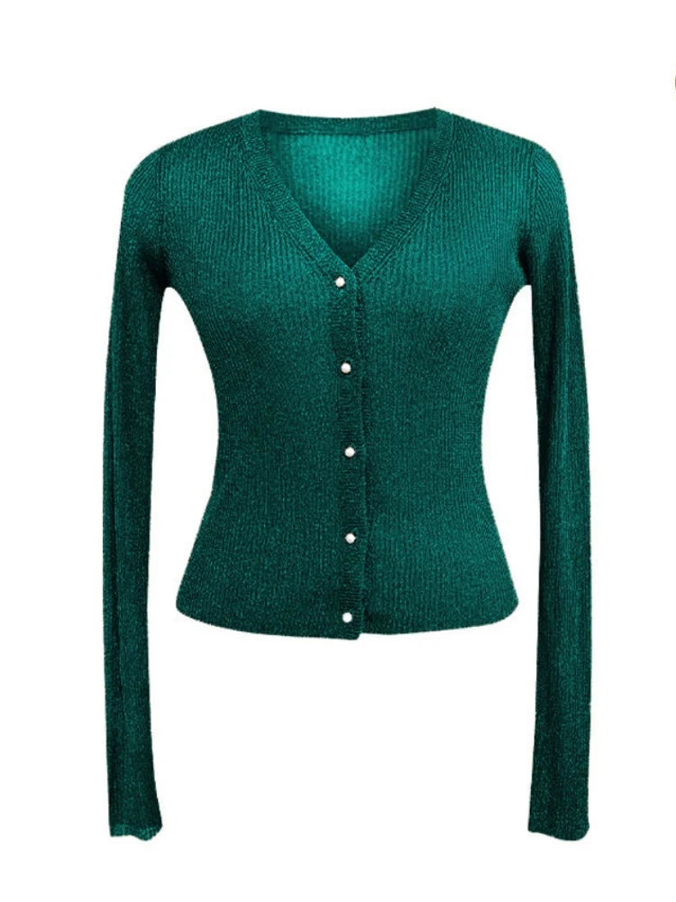 Women Shiny Gold Thread Spring Summer Ice Silk Knitted Cardigan Ribbed Pearl Button Sun Protection Top V-neck Ice Silk Knitwear
