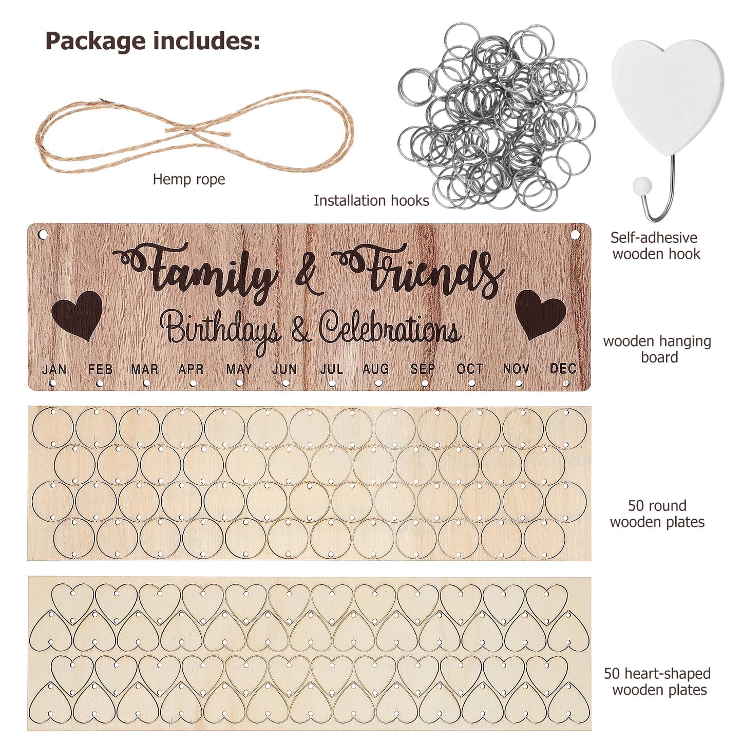 Wooden Birthday Calendar DIY Family Wall Decor Countdown Hanging Board 100 Wood Discs for Home Office Classroom