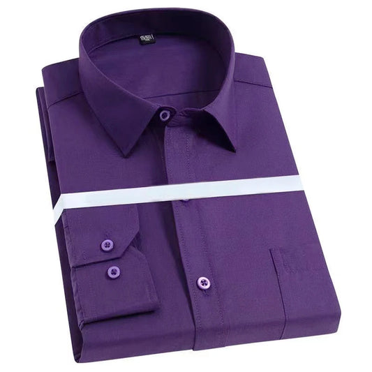 Classic Plain Men's Dress Shirt Long Sleeve Slim Fit Button Up Purple Yellow Men Business Formal Wedding Party Social Shirts