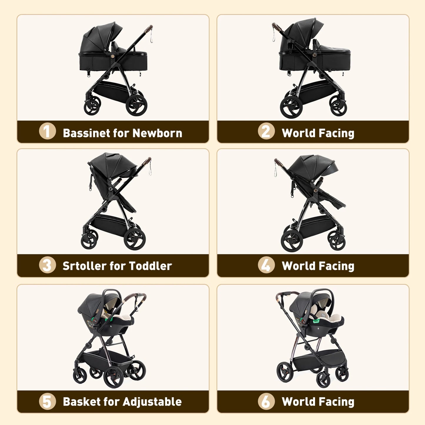 Baby stroller 3 in 1 Baby carriage Portable luxurious travel pram High landscape newborn baby stroller with baby carrier PU