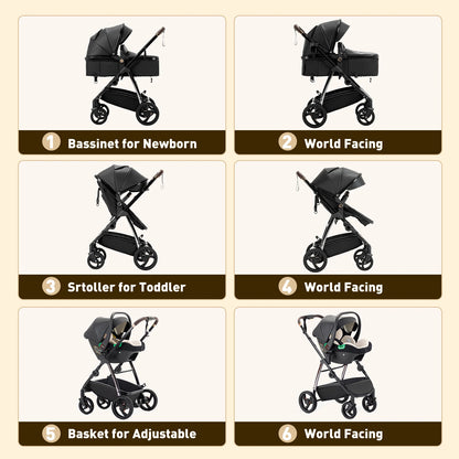 Baby stroller 3 in 1 Baby carriage Portable luxurious travel pram High landscape newborn baby stroller with baby carrier PU