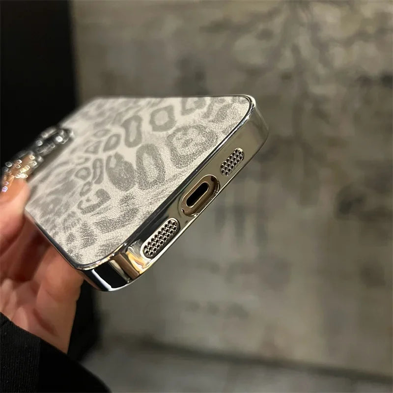 Luxury Plating Leopard Texture Leather Case For iPhone 17 16 15 14 Plus 13 12 11 Pro Max Lens Protection Shockproof  Cover Capa