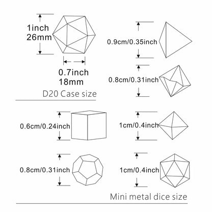 D20 Metal Hollow Box+7pcs Metal Dice Set, Portable Board Game Dice Mini Kit