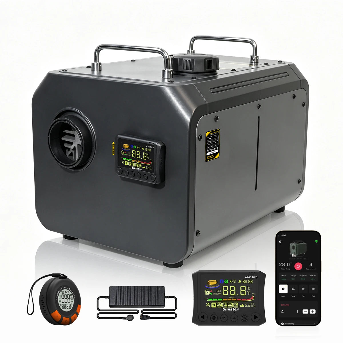 9KW Diesel Air Heater 12V/24V DC 110‑240V AC WiFi Bluetooth APP LCD Remote CO Monitor Altitude Mode For RV Truck Garage Camper