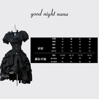 Gothic Dark Black Vintage Lace Blouse Retro Punk Light Lolita Short Sleeves Lace-up Slim Top and Multi Layers Skirt Set 2pcs Set