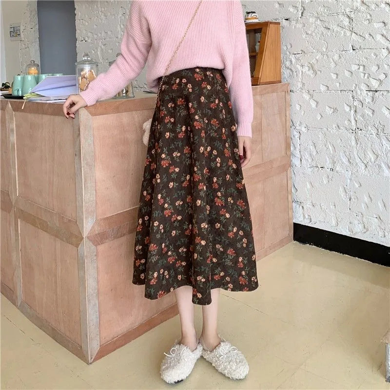 Women Floral Corduroy Midi Skirt High Waist A Line Printed Swing Long Skirt For Spring Autumn
