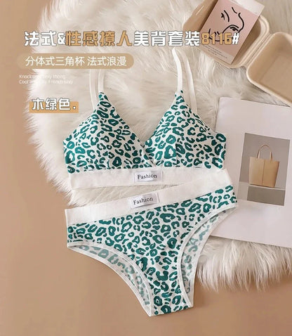Summer New Women's Leopard Print Traceless and Steel Rim Bra Adjustable Shoulder Strap Back Women's Underwear Set