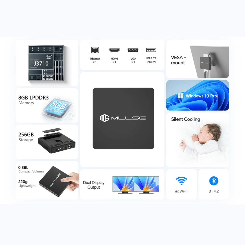 Mini PC MLLSE M2 Pro, processor Intel J3710, 8 GB RAM, ROM Go, Wi-Fi 5, BT 4.2, Windows 10 miniature desk computer