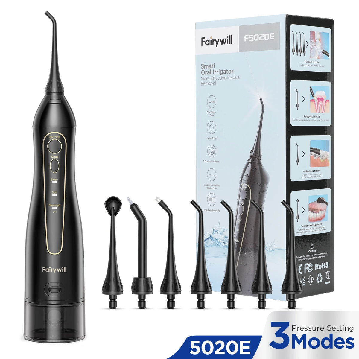 Fairywill Water Flossers Oral Irrigator Rechargeable Portable Dental 3 Modes Water Tank for Teeth 300ML Waterproof Teeth Cleaner