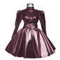 Plus Size Sweet Girl Mini Dress PVC Leather High Neck Button Pleated  A-line Dress Preppy Style Back Zipper Long Sleeve Dress