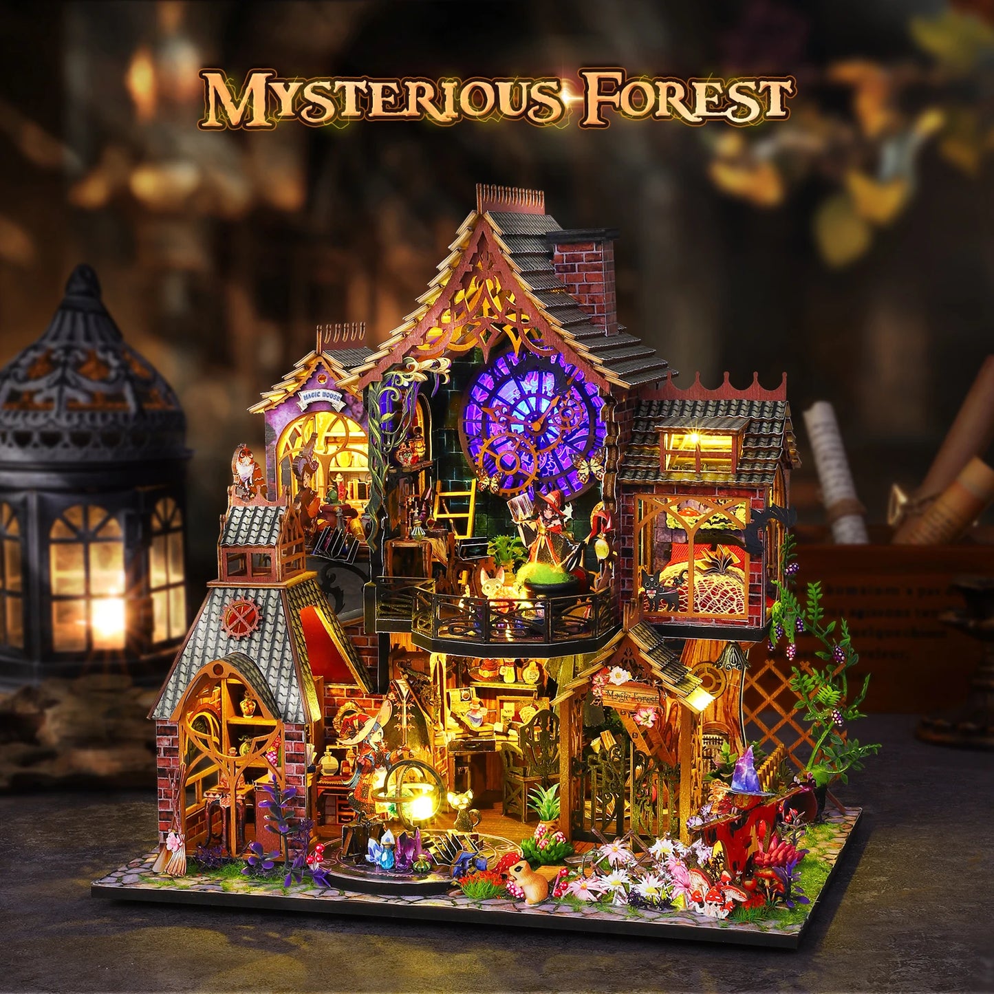 DIY Miniature Puppet House Bookshelf Decor,DIY Book Puppet House Kit,DIY Miniature House Kit with LED Lights,Magic Forest House