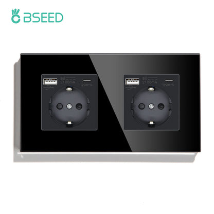 BSEED Touch Light Switch With EU USB Wall Sockets Black Wall Led Switches 1/2/3Gang 1Way Crystal Dark Blue Backlight Wall Switch