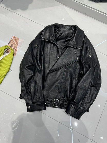 New Outerwear Leather Jacket Women American Retro Top Sheepskin Bubble Leather Double Lapel Loose Profile Coffee Locomotive Coat