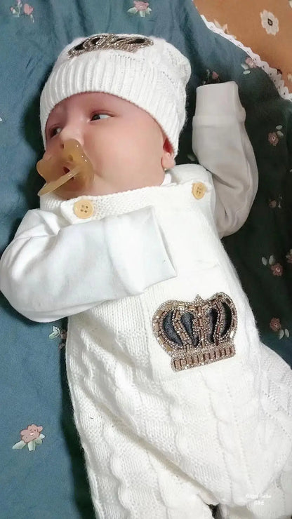 Dollbling Baby Boys' Knit Ribbed Romper Jumpsuit with Bodysuit and Hat 3pcs Set Newborn Cotton Knitted Sweater Romper Suit