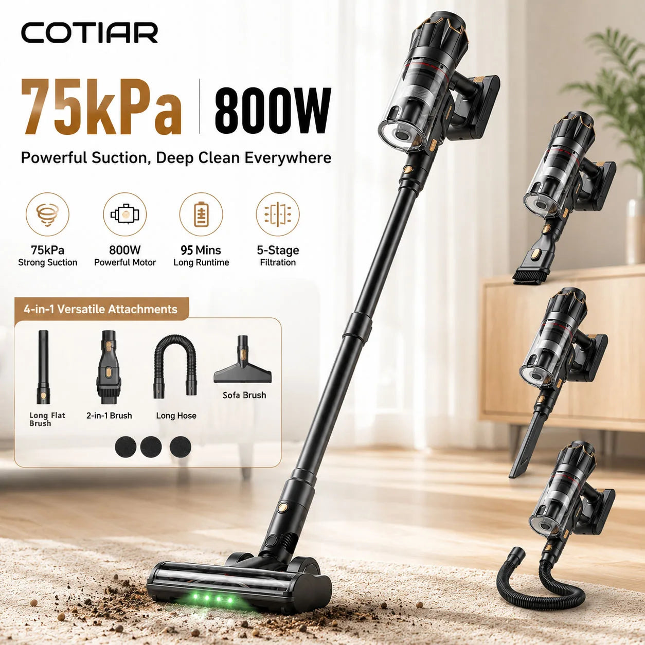COTIAR Cordless Vacuum Cleaner V30 PRO 800W Powerful 75kPa Suction 95 Mins Runtime Handheld Home Appliance Portable Removable Battery