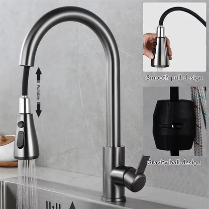 304 Stainless Steel Pull out Kitchen Faucet Deck Mounted Sink Water Tap with Mixer Stream Sprayer Head Hot Cold Taps for Kitchen