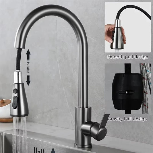 304 Stainless Steel Pull out Kitchen Faucet Deck Mounted Sink Water Tap with Mixer Stream Sprayer Head Hot Cold Taps for Kitchen