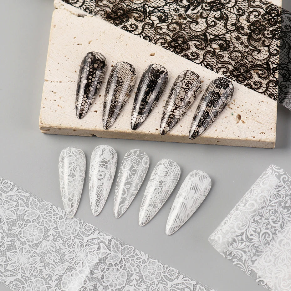 10pcs Elegant Black White Lace Flowers Nail Transfer Foils Stickers Black And White Sexy Lace DIY Charms Nail Art Decoration