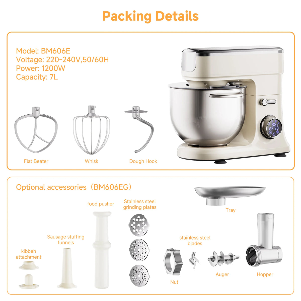 BioloMix 7L Stand Mixer for Baking 1200W DC Motor with Dough Hook Whisk Beater Meat Grinder Attachment - Food Mixer