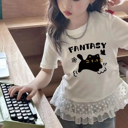 Childrens clothing baby girls summer casual lace t-shirt 2025 short sleeved Lace splicing new white tops 3-12 kids clothes