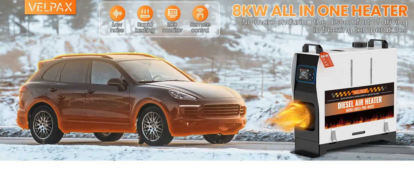 8KW 12V/220V All-in-One Diesel Heater, 0.16-0.52l/h, 8-36 ℃ Adjustable, LCD remove & Bluetooth APP, Portable for Camping RV