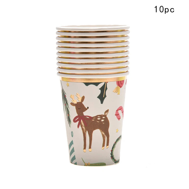 2026 Christmas Party Disposable Tableware Cartoon Bronzing Deer Pattern Plates Cups Santa Claus Napkin Merry Christmas Supplies