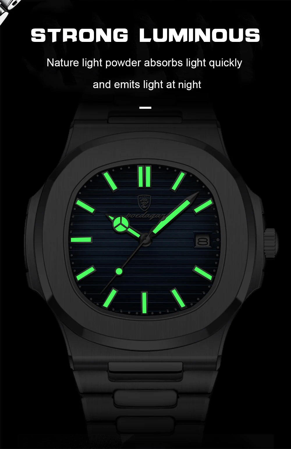 POEDAGAR Luxury Brand Men's Quartz Wristwatch Stainless Steel Waterproof Luminous Date Man Clock Square Business Watches For Men