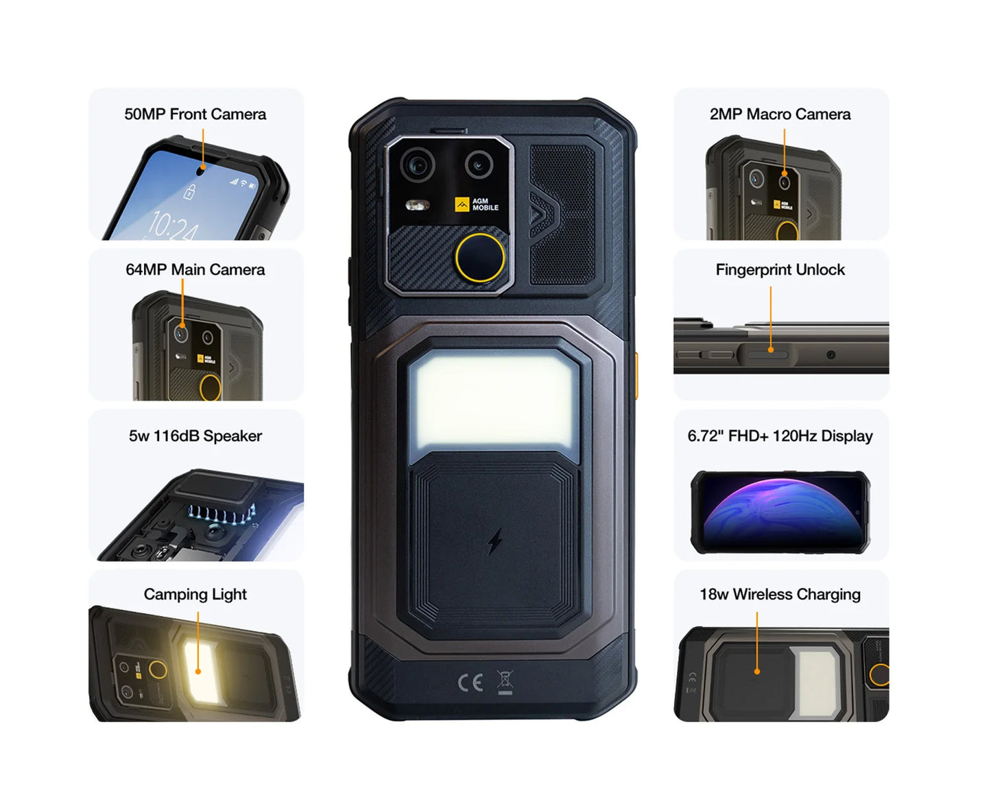 AGM G3 5G Rugged Phone 24GB(12+12) 512GB Wireless Charging 10000mAh Phone 6.72' 120Hz Dimensity 7300 Android15 Camping Light