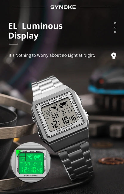 SYNOKE Top Brand Luxury Stainless Steel Chrono Sport Watches Men Back Light Display Digital Wristwatch 5Bar Waterproof Reloj Hom