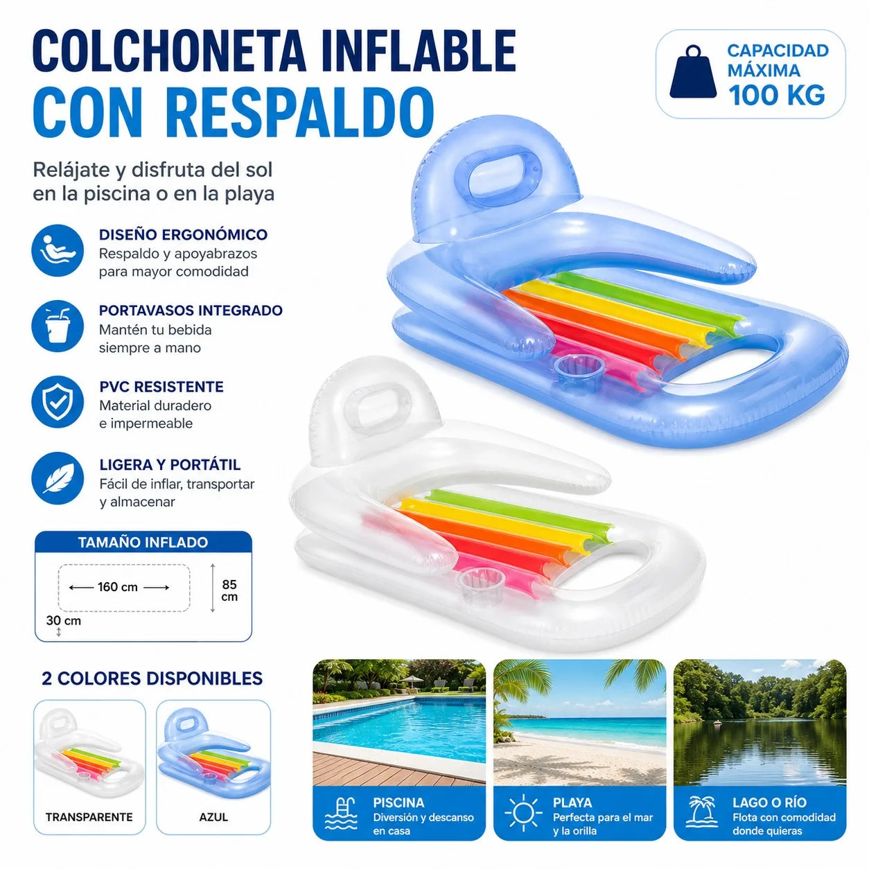 Inflatable Pool Mat with Backrest and Armrests, Integrated Cup Holder, Pvc Material, Two Colors Transparent and Blue