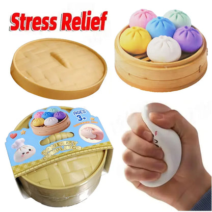 Colorful Dumpling Squishes Stress Balls Fidget Sensory Toys Simulation Food Squishies Bun with Steamer Squeeze Dough Ball Gifts